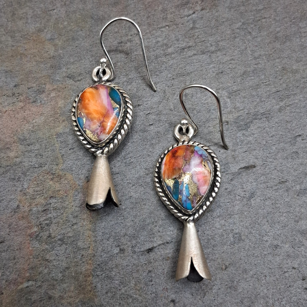 Spiny Oyster Turquoise Earrings Sterling Silver Squash Blossom Dangle